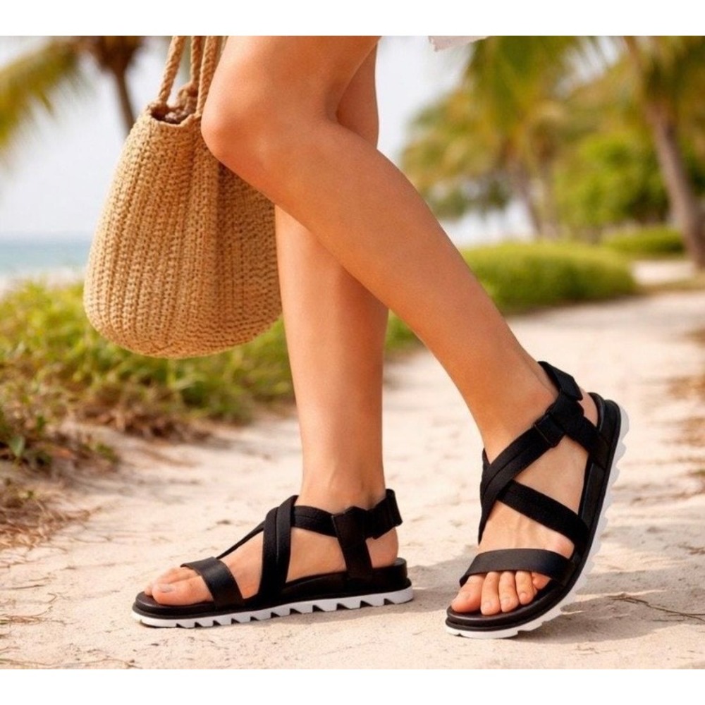 Sorel Roaming Decon Sandals Womens 7 Black Leather Criss Cross Sporty